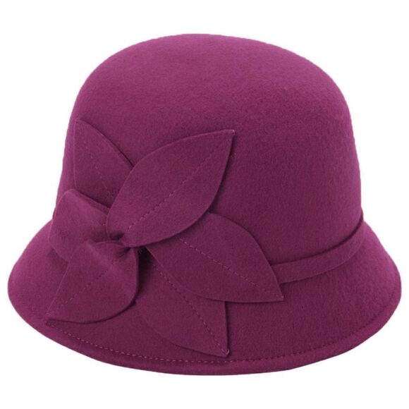 New! NINE WEST Women\'s Felt Wool Cloche Hat With Flower Appliqué Color Berry